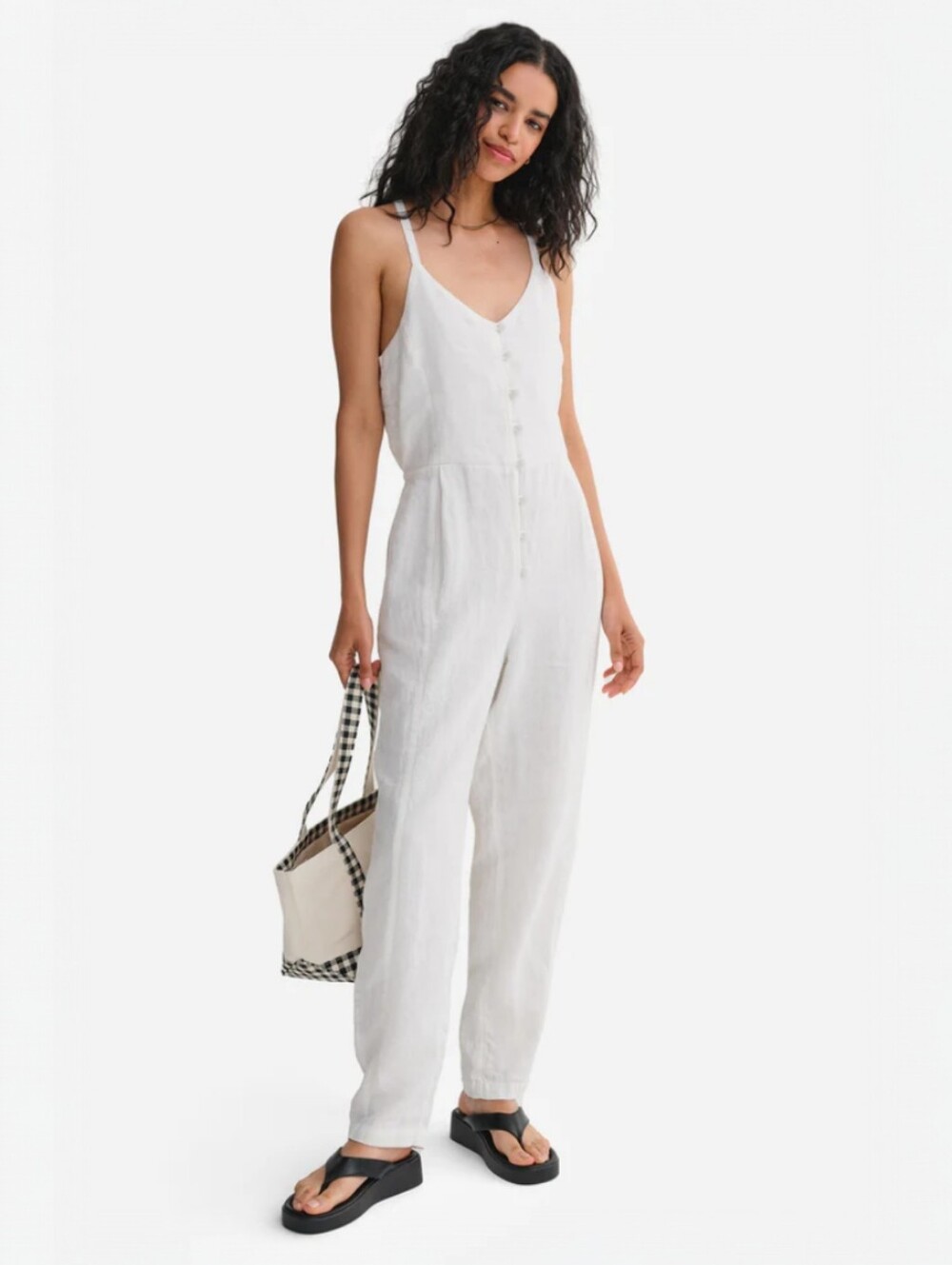 Mate the Label Organic Linen Tank Jumpsuit In Salt White